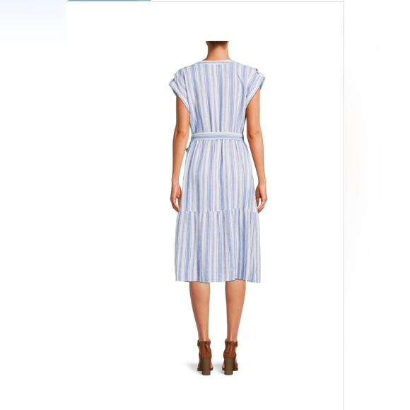Time and Tru Striped Linen-Blend Tiered Midi Dress Blue and White - Size M 2035 - Picture 3 of 7
